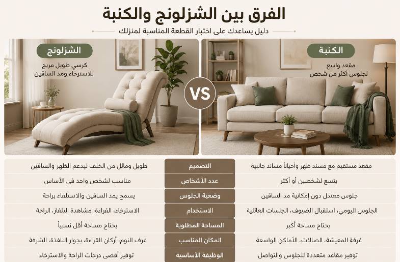 الفرق بين الشزلونج والكنبة